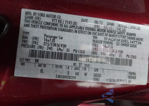 2014 Ford Focus Se z USA, uszkodzony, nr VIN 1FADP3F25EL147739